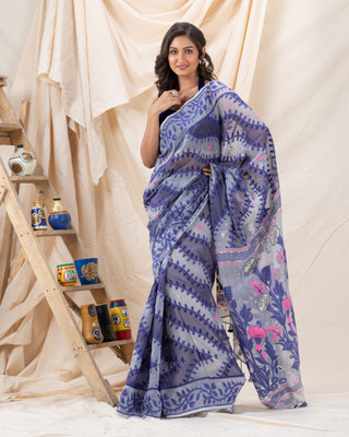 angoshobha Solid/Plain Handloom Cotton Blend Saree(Grey)