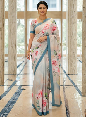 zamuna Digital Print, Floral Print Daily Wear Crepe, Satin Saree(Cream)