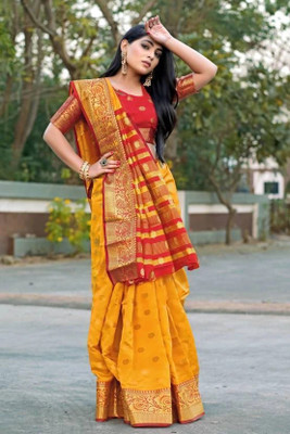 URJAZONE Woven Banarasi Jacquard, Cotton Silk Saree(Yellow, Gold)