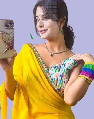 OKTAT Solid/Plain, Printed, Embroidered, Dyed Bollywood Georgette Saree(Yellow)