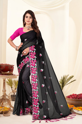 Mokshicreation Embroidered Bollywood Net, Cotton Silk Saree(Black)