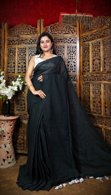 JKH J KUNDU HOUSE Solid/Plain Handloom Cotton Blend Saree(Black)