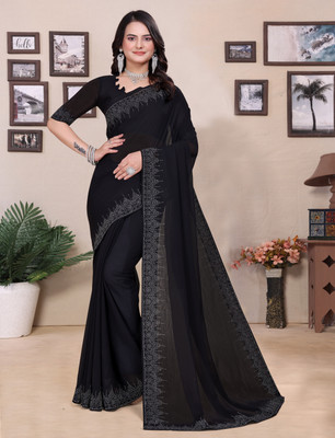 Dharam Creation Solid/Plain, Dyed, Embellished Bollywood Georgette Saree(Black)