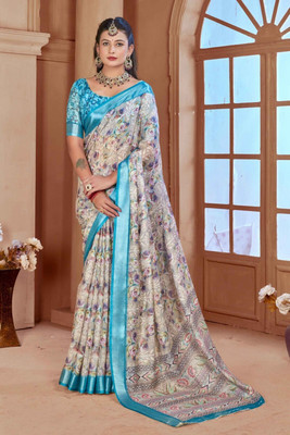 Rachna Printed Daily Wear Linen Saree(Blue)