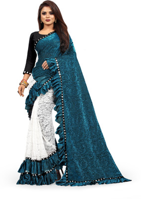 SwiftStyle Self Design Bollywood Lycra Blend Saree(Dark Green, White)