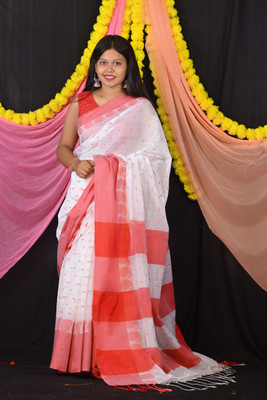 Ahana Textile Color Block Handloom Cotton Linen Saree(White, Red)