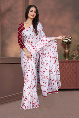 jihana fab Printed Kanjivaram Georgette, Silk Blend Saree(White)