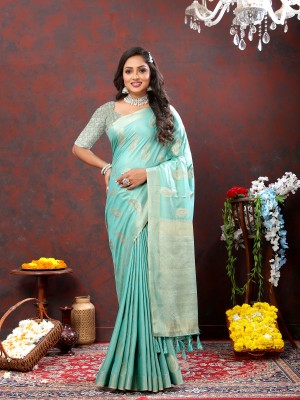 YUG ART Woven Banarasi Cotton Silk Saree(Light Blue)