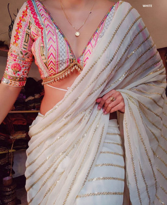PD CLOTH VILLA Embroidered Bollywood Georgette Saree(White)