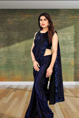 SHRIMAY Self Design Bollywood Net Saree(Blue)