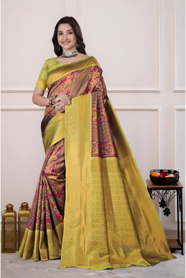 Jk Fabri Floral Print Banarasi Art Silk Saree(Yellow, Maroon)