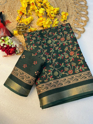 Lyrox Fashion Floral Print, Woven, Printed, Self Design, Temple Border Daily Wear Cotton Blend Saree(Dark Green)