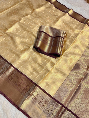 SFF Woven Banarasi Tissue Saree(Cream, Brown)