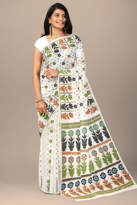 HouseOfCommon Floral Print Jamdani Cotton Blend Saree(Pack of 2, Multicolor)