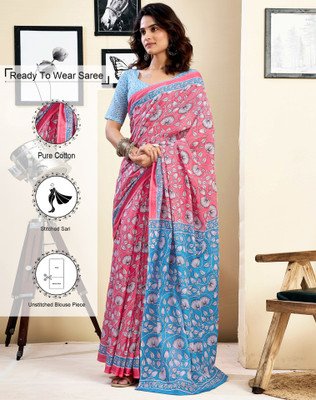 Tasrika Floral Print Daily Wear Pure Cotton Saree(Pink, White, Blue)