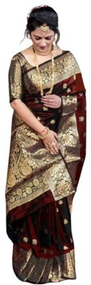 RMENTERPRISES Woven, Floral Print, Paisley, Temple Border Banarasi Silk Blend Saree(Maroon)
