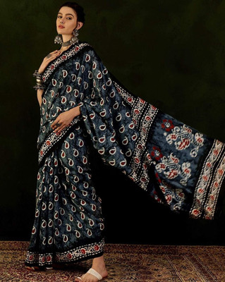 Shubharam Floral Print, Printed Bollywood Linen, Cotton Blend Saree(Black)