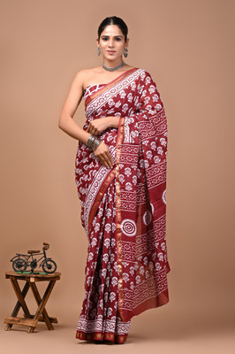 MANIHARI Printed, Blocked Printed, Hand Painted, Floral Print Daily Wear Pure Cotton Saree(Maroon)