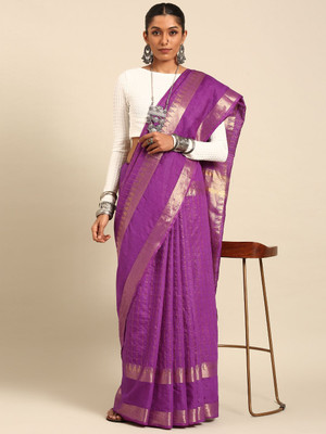 Taavi Self Design Handloom Silk Blend Saree(Purple)