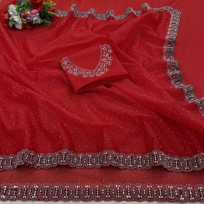 HouseOfCommon Embellished Bollywood Supernet Saree(Red)