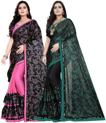 DECOFIN Embellished, Floral Print Bollywood Lycra Blend Saree(Pack of 2, Pink, Green)