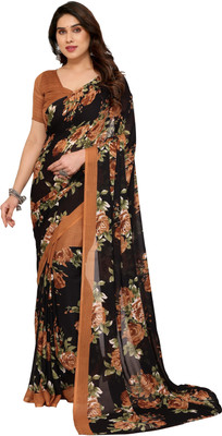 TTH Floral Print Bollywood Georgette Saree(Brown)