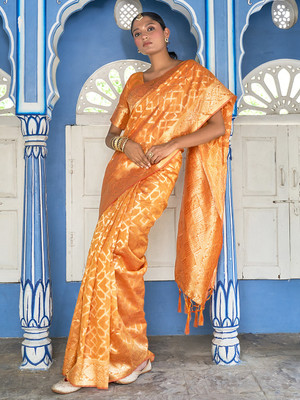 Janasya Woven Chanderi Silk Blend Saree(Yellow)