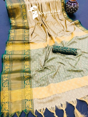 AVANTIKA FASHION Printed, Temple Border, Woven, Embellished Banarasi Art Silk, Cotton Silk Saree(Cream, Green)