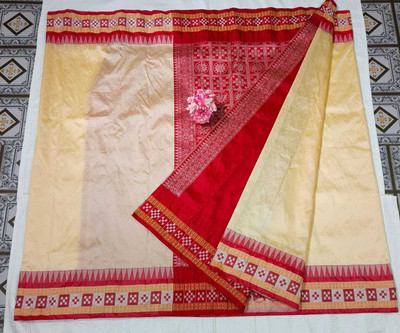 LYANNA Solid/Plain, Temple Border, Embellished Sambalpuri Handloom Art Silk, Cotton Blend Saree(Cream)