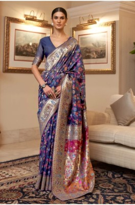 Homigoz Woven Banarasi Cotton Blend Saree(Blue)