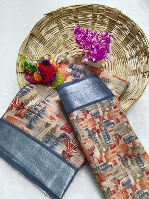 Gajal Floral Print Kanjivaram Pure Cotton, Cotton Linen Saree(Blue)