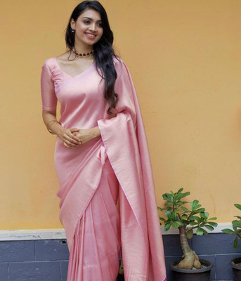 Bansari Textiles Woven, Self Design, Temple Border, Solid/Plain Banarasi Jacquard, Art Silk Saree(Pink)