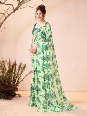 GARDEN VARELI Floral Print Bollywood Georgette Saree(Green)
