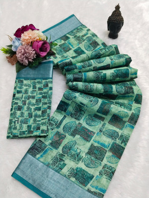 HouseOfCommon Printed Kanjivaram Linen, Cotton Linen Saree(Green)