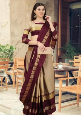 MoonTextile Temple Border Assam Silk Cotton Silk Saree(Silver)