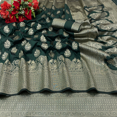 KanjiQueen Woven, Self Design Banarasi Silk Blend, Pure Silk Saree(Green, White)