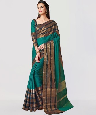 BAPS Striped, Woven, Embellished, Solid/Plain Bollywood Cotton Blend, Art Silk Saree(Multicolor)