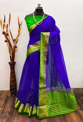 BHOLEBABA CREATION Solid/Plain Bollywood Organza Saree(Blue)
