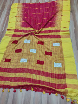 nebadita Striped, Woven, Color Block Handloom Cotton Jute Saree(Multicolor)