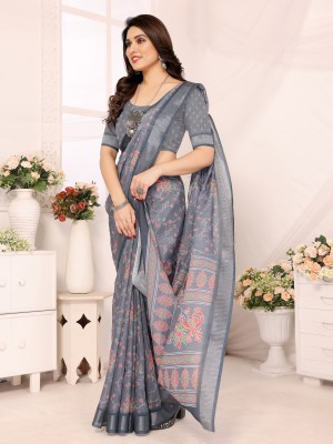 HITESH ENTERPRISE Floral Print Bollywood Cotton Linen Saree(Grey)