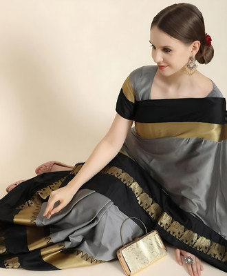 Mortal Textile Animal Print Banarasi Cotton Silk Saree(Gold)
