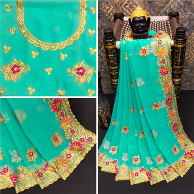 KHRITI FAB Embroidered, Floral Print Bollywood Georgette Saree(Light Blue)