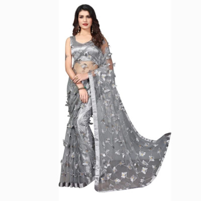 M KRISHNA CREATION Embroidered Bollywood Net Saree(Grey)