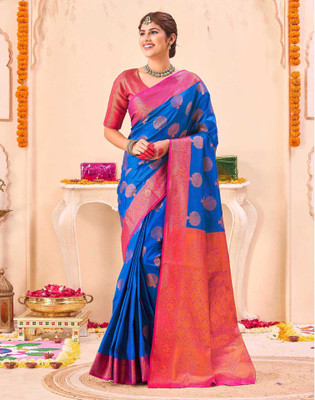 Satrani Woven, Embellished Banarasi Silk Blend Saree(Blue)