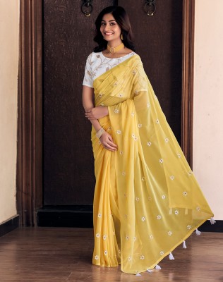 Siril Floral Print, Geometric Print, Printed Daily Wear Georgette, Chiffon Saree(Yellow)