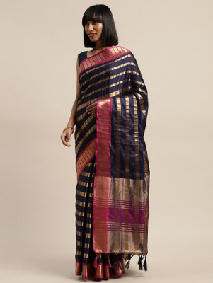 SERONA FABRICS Striped Bollywood Art Silk Saree(Dark Blue)