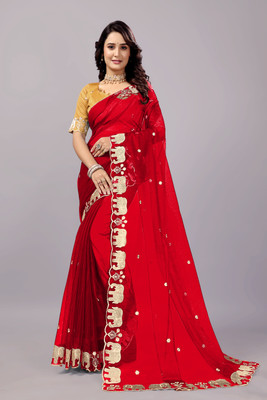 PATTARI Embroidered Bollywood Net Saree(Maroon)