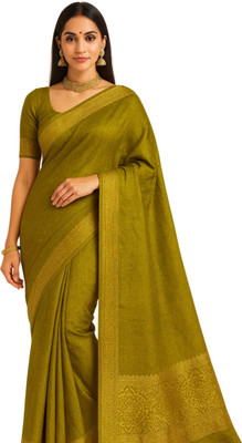 EZIESHREE Solid/Plain Daily Wear Cotton Silk Saree(Dark Green)