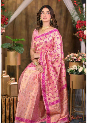 Garbguru Woven Mekhela Chador Pure Silk Saree(Pink)