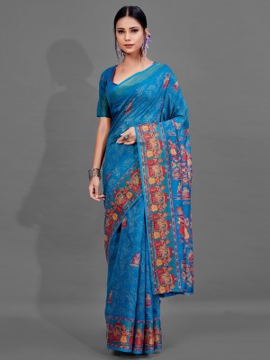 Divastri Printed Daily Wear Cotton Blend Saree(Blue)